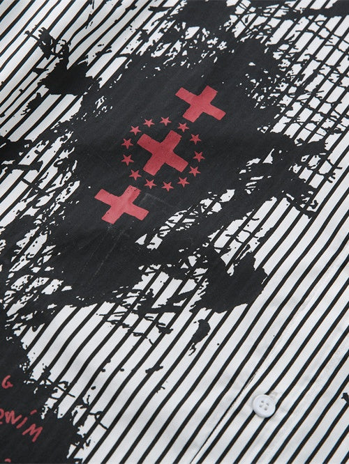Fake Two Pieces Vertical Stripe Dark Graffiti Ink Prints Paneled Long-sleeved Shirt