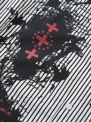 Fake Two Pieces Vertical Stripe Dark Graffiti Ink Prints Paneled Long-sleeved Shirt
