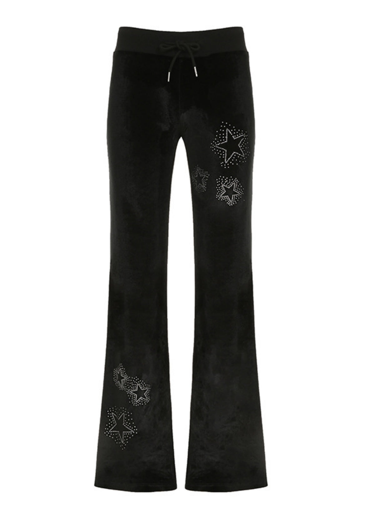 Star Rhinestones Ribbed Waistband Drawstring Low Waist Velvet Flared Pants
