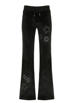 Star Rhinestones Ribbed Waistband Drawstring Low Waist Velvet Flared Pants