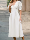 V-neck Lantern Sleeves Pleated Waist Maxi Dresses