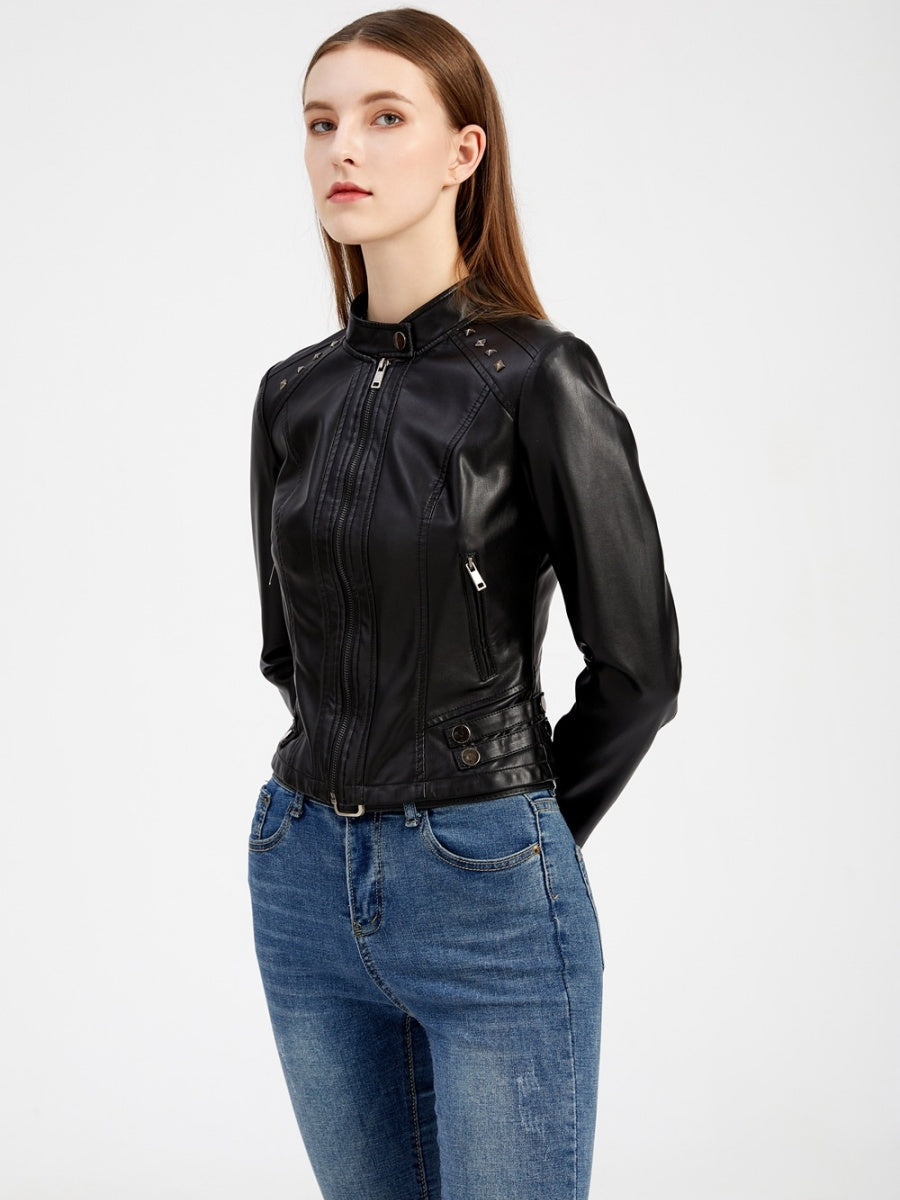 Studs Long Sleeve Stand Collar PU Leather Jackets