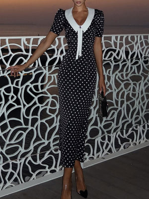 Polka Dots Color-blocked Puff Sleeve Bodycon Slimming Maxi Dresses