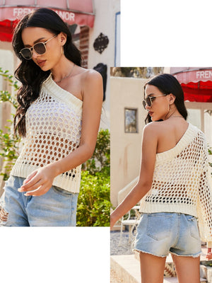 Liber Autumn women's hollow oblique shoulder knitted short pullover mesh see-through top