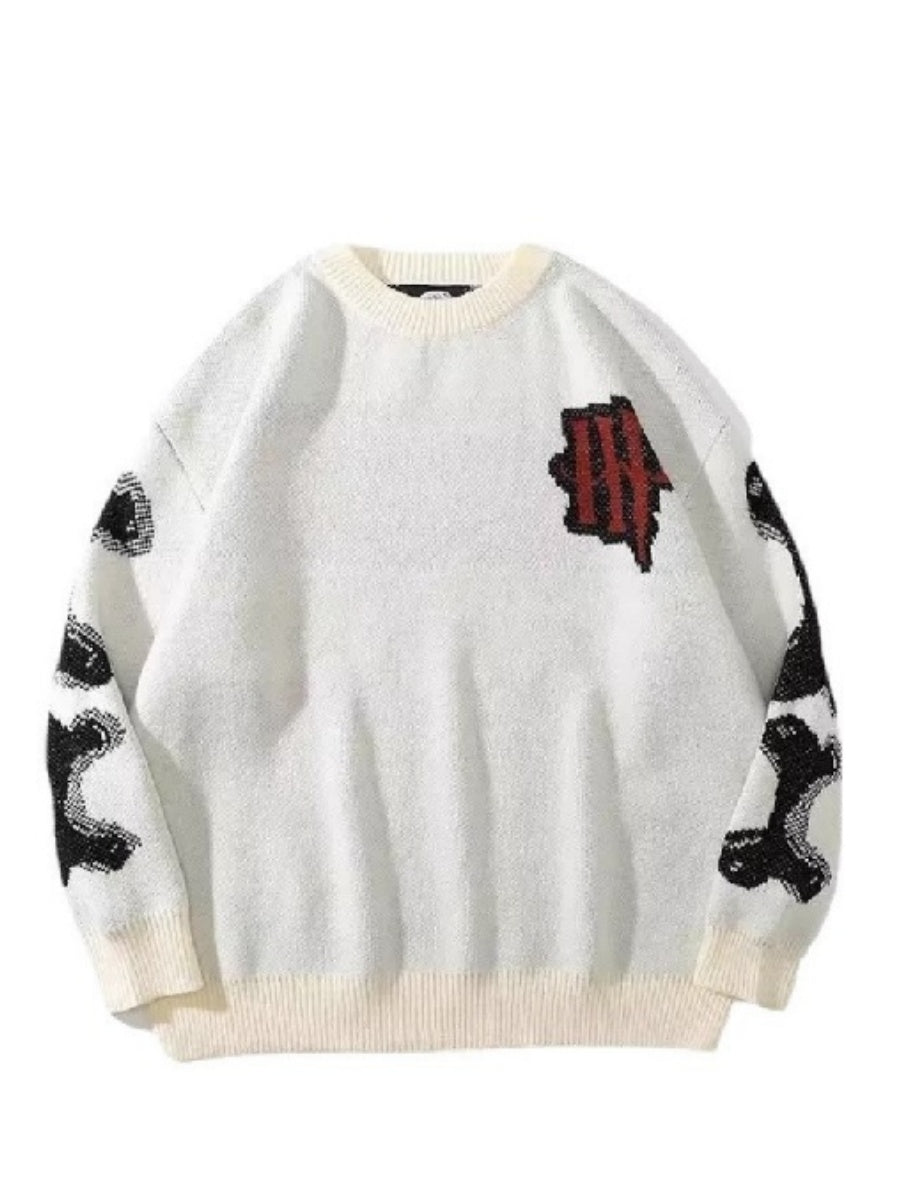 Lazy Style Jacquard Skeleton Knitwear Street Loose Crew Neck Sweaters