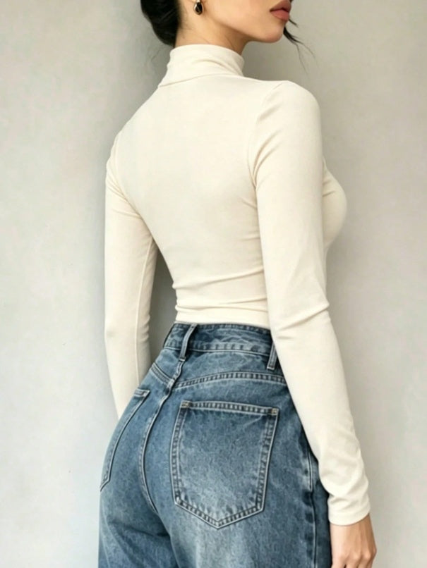 High-neck, Fitted, Faux Two-piece Set, Long-sleeved, Sexy, And Slimming Top