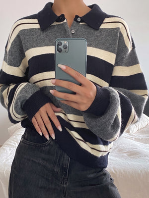 Casual Preppy Style Loose Striped Color-blocked Collar Half-open Knit Sweater