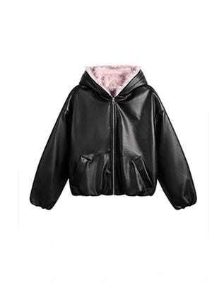 Color Block Pink Plush Leather Long-Sleeved Coat