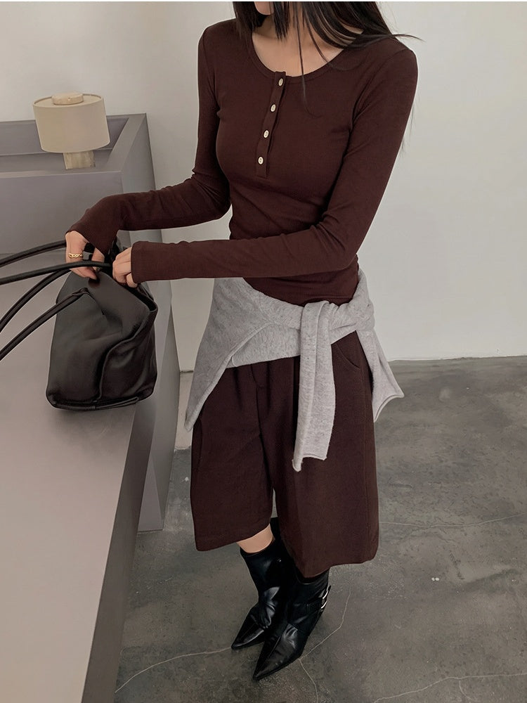 Korean Style Henley Collar Top With Straight Shoulders