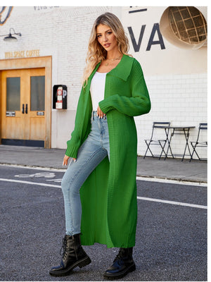 Liber Autumn Women's Plain stitch Lapel Long Cardigans Coat