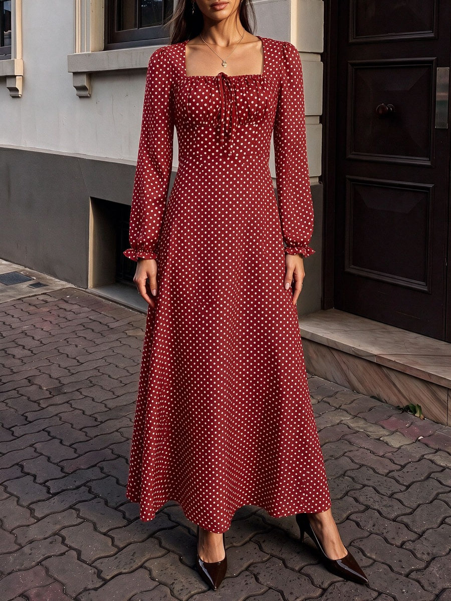 Lace-up Zipper, Polka Dots Polka Dots Maxi Dresses