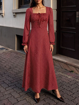 Lace-up Zipper, Polka Dots Polka Dots Maxi Dresses