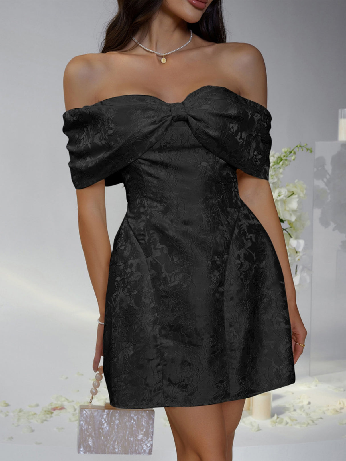 Bow Jacquard Off-shoulder Mini&Short Dresses