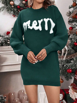 Christmas Letter Crew Neck Sweaters Knitting Mini&Short Dresses