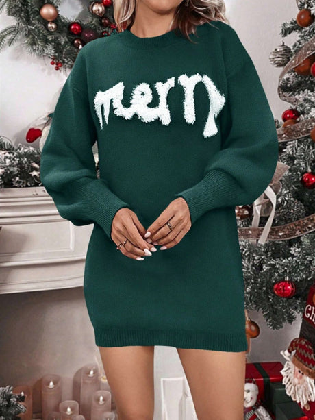 Christmas Letter Crew Neck Sweaters Knitting Mini&Short Dresses