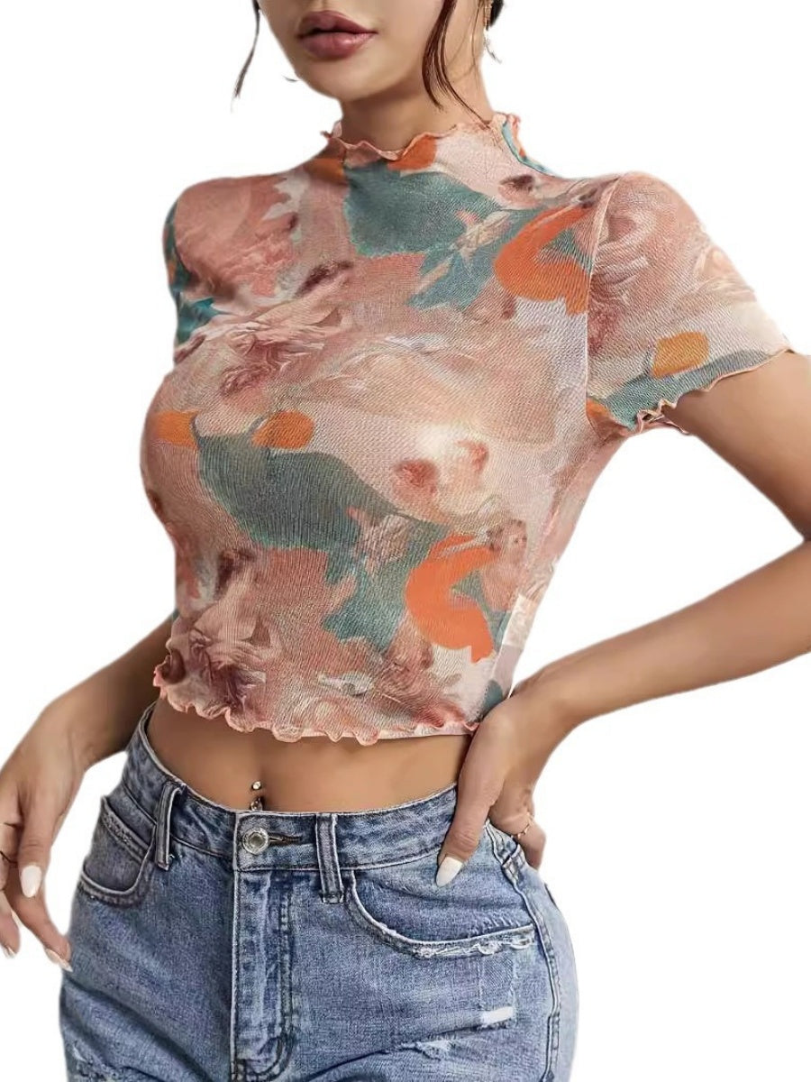 Printed Short Sleeve Mesh Sheer Tops