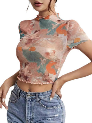 Printed Short Sleeve Mesh Sheer Tops