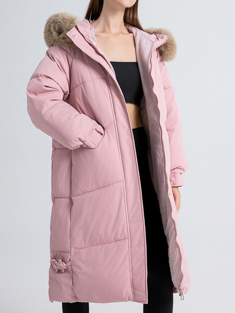 Women's Fur Collar Hooded Down Jacket, Extended Style, Knee-length Thickened Down Jacket，removable Collar