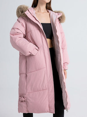 Women's Fur Collar Hooded Down Jacket, Extended Style, Knee-length Thickened Down Jacket，removable Collar
