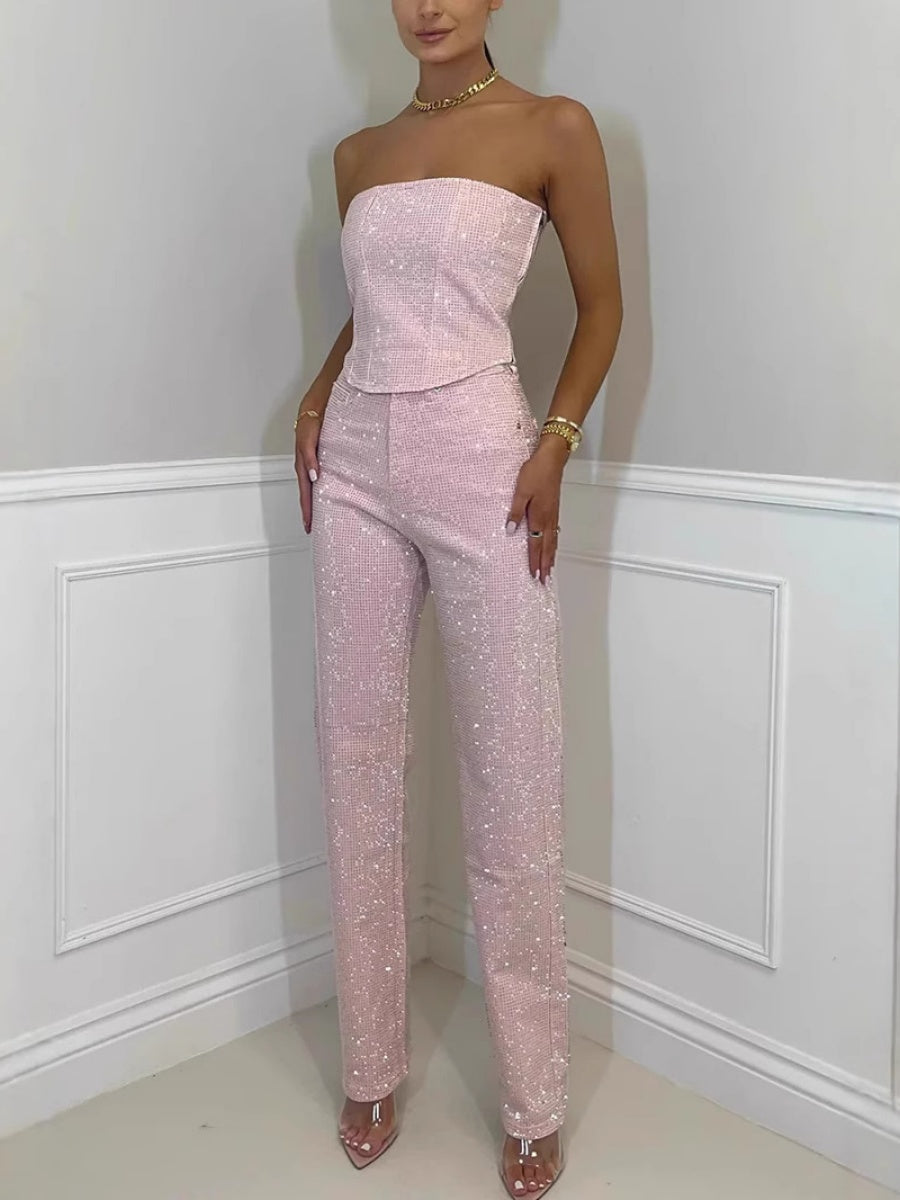 Sexy Off-shoulder Sequins Tube Top Pants 2-piece Sets
