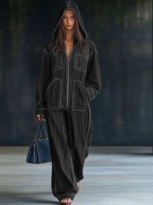 Style Zip-up Hooded Denim Jumpsuit With Large Pockets