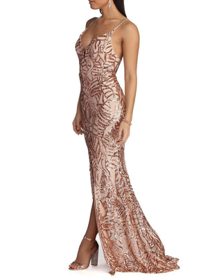 Liber Autumn women's sequins V-neck High front slit suspender long dress