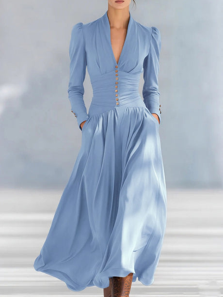 V-neck Puff Sleeve Long-sleeved Midi Dress