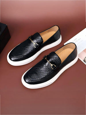 Snakeskin Embossed Horseshoe Buckle Slip-on Loafers