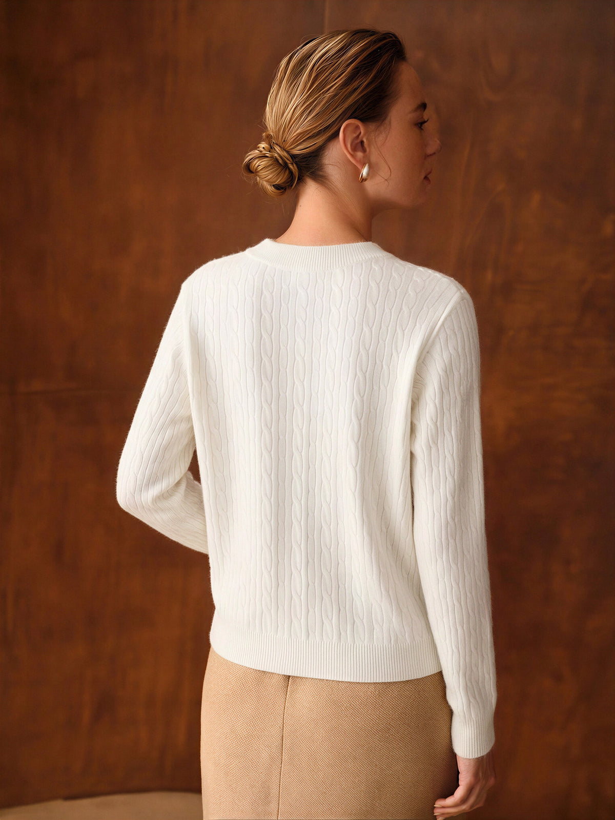Wool Blend Cable Knit Crew Neck Single-breasted Cardigan