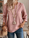 Lace Cutout Chiffon Embroidery V-neck  Flare Sleeve Long-sleeved T-shirt