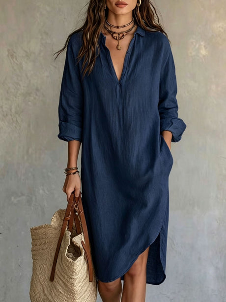 Loose-fitting Mid-length French Linen Shirt Dress With Slits