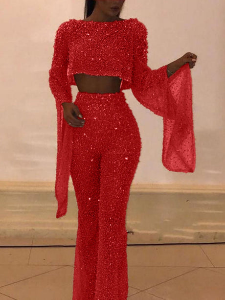 Sequins Sexy Long Sleeve Backless Bodysuit