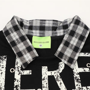 Graffiti Letter Layered-look Patchwork Plaid Polo Shirt