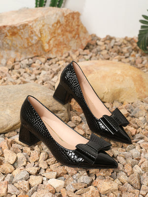 Bow-tie Pointed-toe Embossed Patchwork High Heels