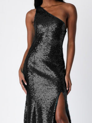One Shoulder Sequins Slit Long Dress