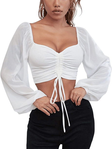 V-neck Spliced Chiffon Drawstring Lantern Sleeves Sweet T-shirts