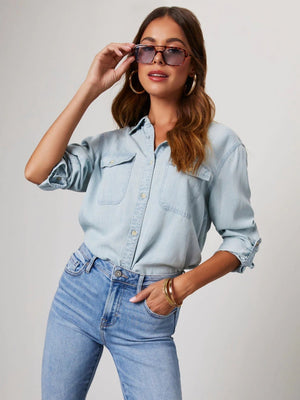 Lapel Single-breasted Long Sleeves Denim Shirt