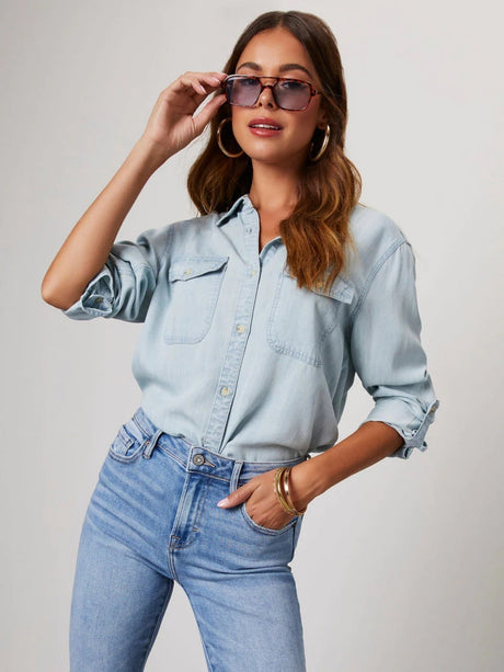 Lapel Single-breasted Long Sleeves Denim Shirt
