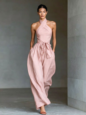 Lace-up Linen Cross-strap Wide-leg Jumpsuit