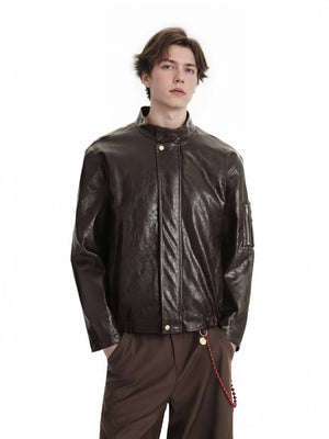 Retro Old Money Style Brown Cleanfit Silhouette Stand Collar Leather Jacket