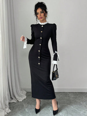 Black And White Color-blocked Velvet Fitted Long Dress
