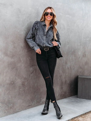 Distressed Cardigan Leg Of Mutton Sleeves Cowboy Long Sleeve Daily Workplace Chiffon Shirts/shirts