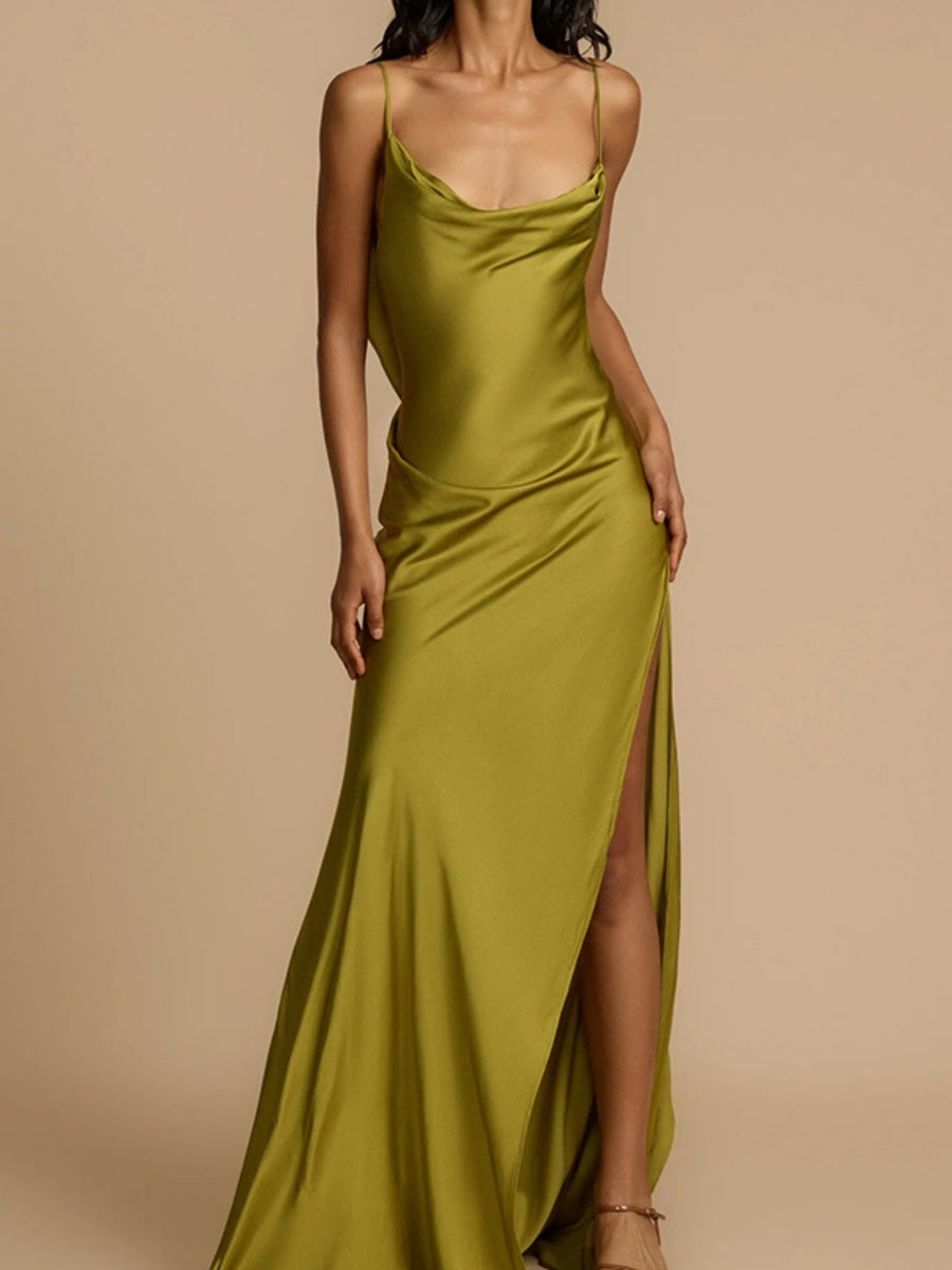 Backless Ribbon Satin Slits Wedding Maxi Dresses