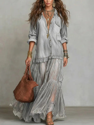 Retro-style Lapel Faux Denim Casual Long Dress With Pockets
