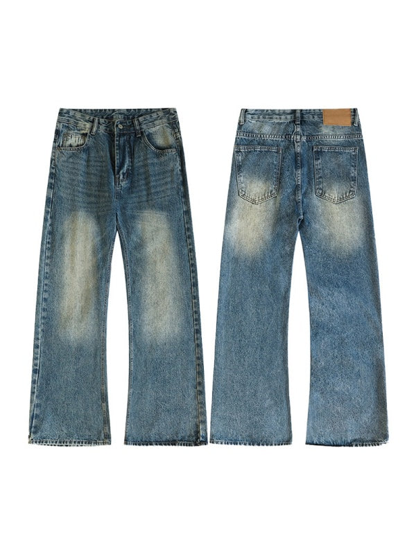 Retro Washing Cat Whisker Pattern Loose Slightly Flared Jeans