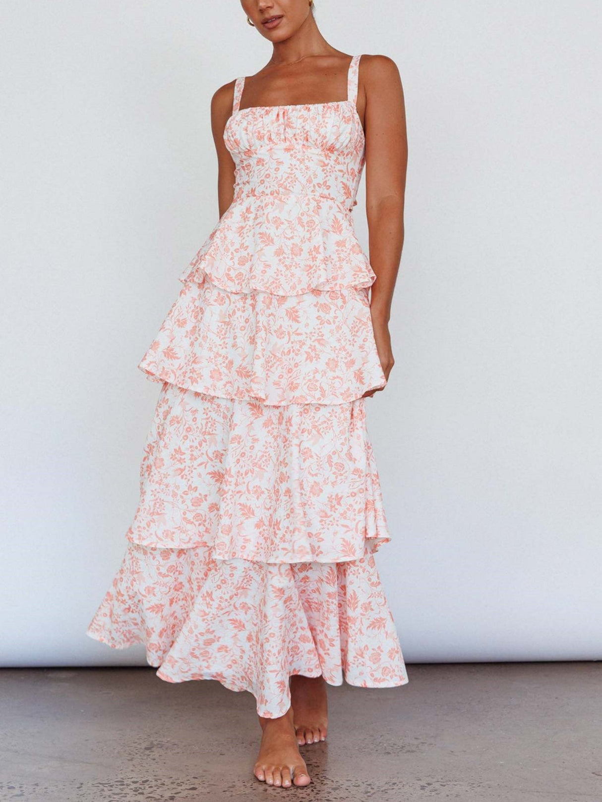 Floral Print Pleats On Suspenders Maxi Dresses