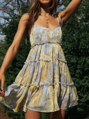Resort-style Floral Print Multi-layered Ruffled Short Sundress