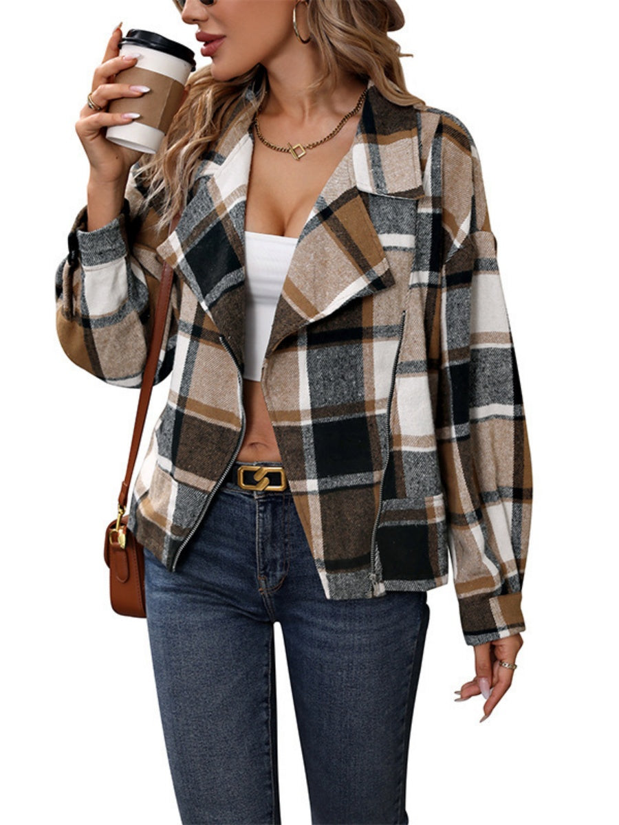 Lapel Short khaki plaid Pocket coat