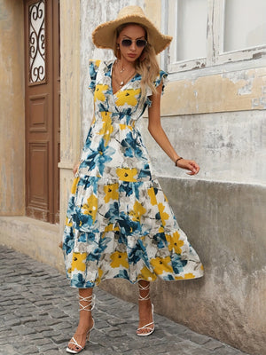 Floral Print V-neck Short Sleeve Maxi Dresses