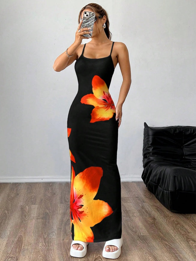 Flowers Printed Spaghetti Strap Maxi Dresses
